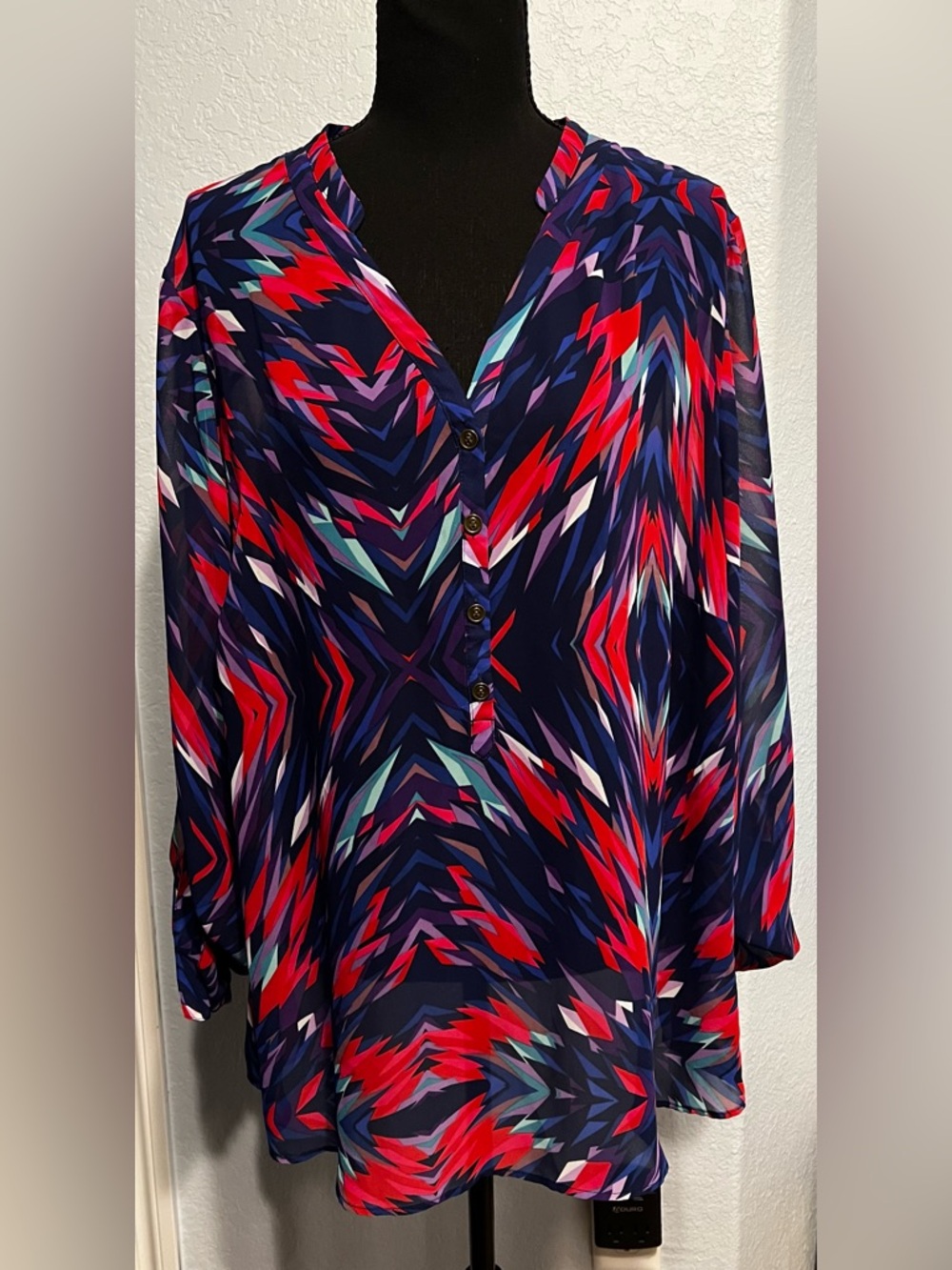 a.n.a Sheer Blouse Multicolor Button-Front V-Neck Roll Tab Sleeves EUC